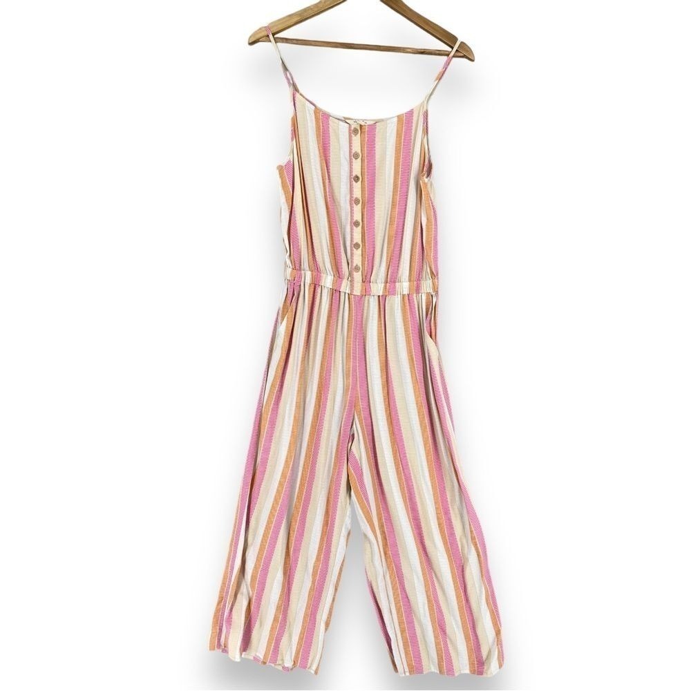 Matilda Jane Jumpsuit Womens S Pink Orange Striped Button Wide Leg Crop Boho